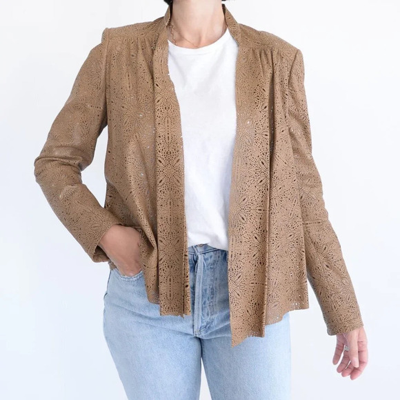 Alice +  Olivia Vanna Laser-Cut 100% Lamb Leather Tan Jacket Medium - Picture 3 of 14